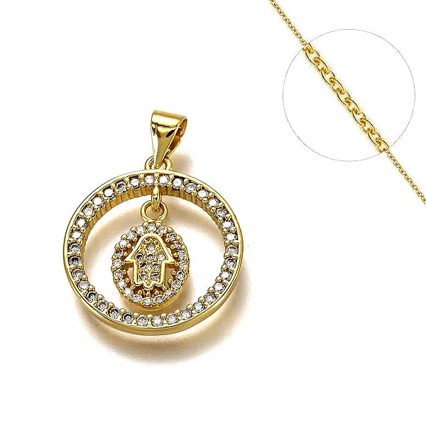 Collier chaine et pendentif zircon cubique cercle avec main de Fatma