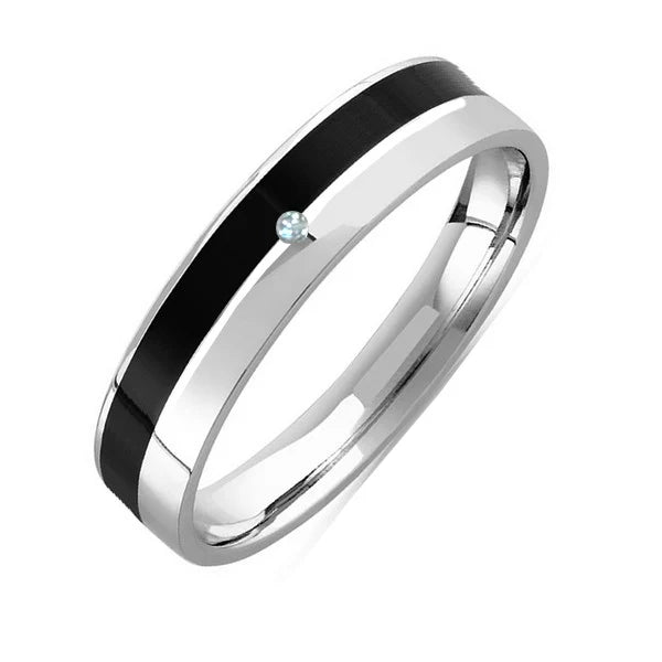 Bague alliance acier 316 noir argenté avec diamant CZ