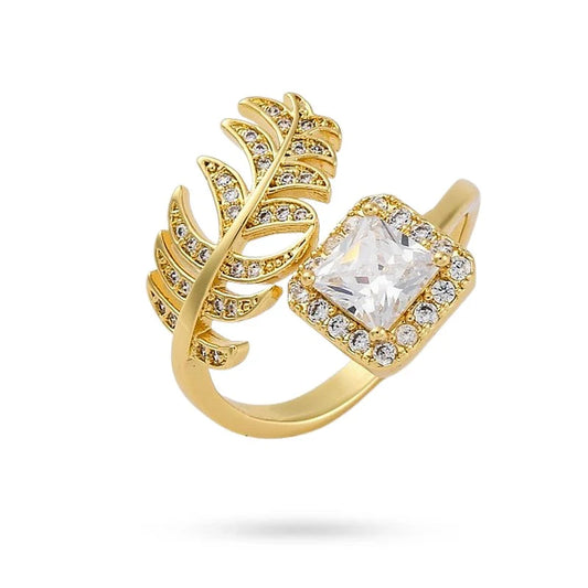 Bague femme réglable feuille zirconiums blanc