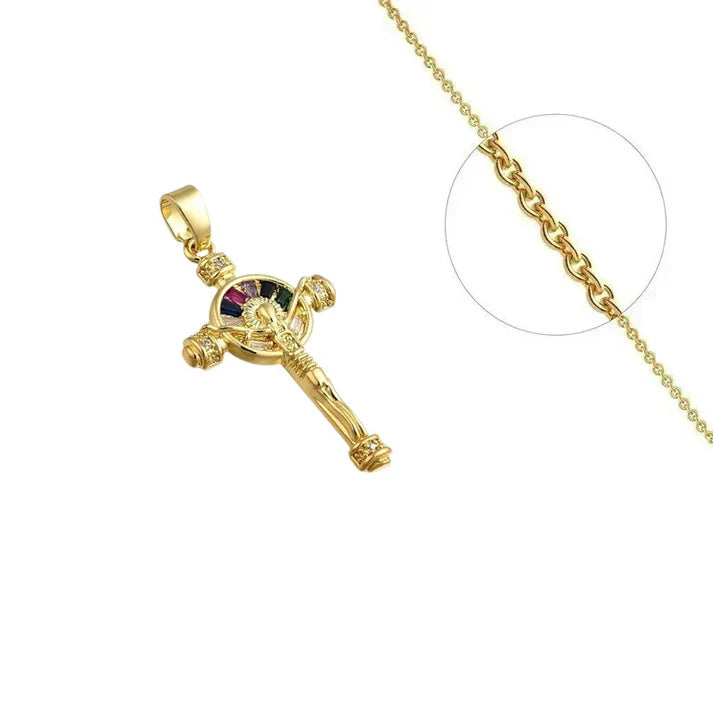 Collier doré chaîne et pendentif croix avec Christ zirconiums colorés sertis