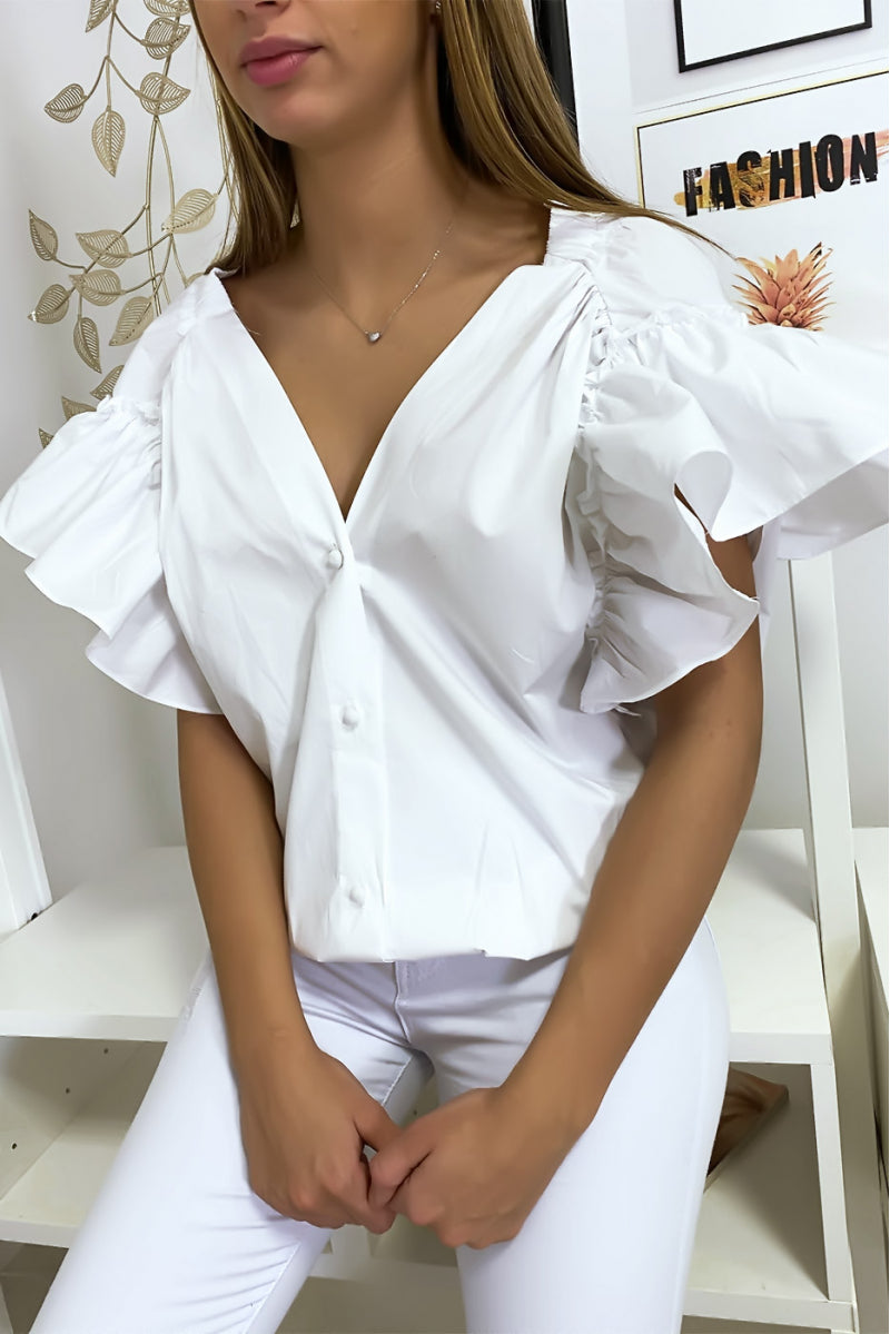 Blouse chemise blanche boutonnés à l'avant avec volant aux manches et fronce aux épaules