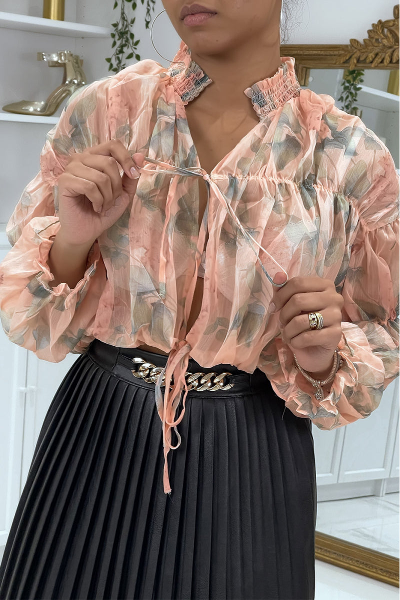 Blouse fleurie à nouer en tulle rose