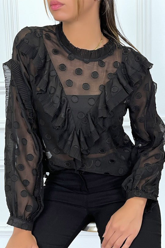 Blouse noire à volant et pois col claudine