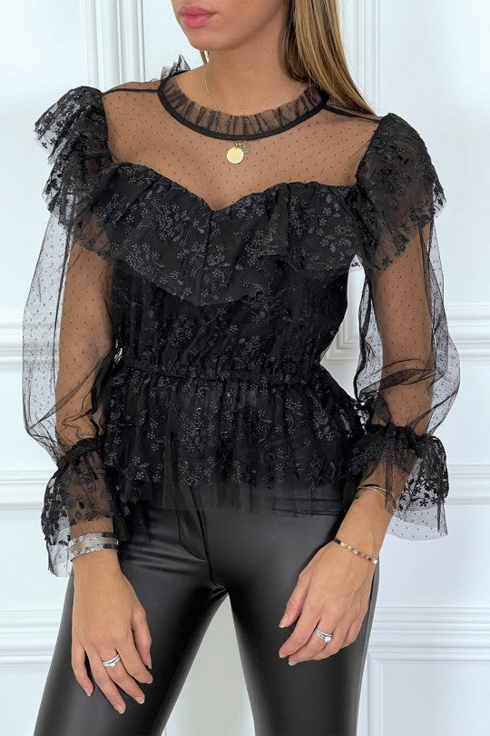 Blouse noire en dentelle à volants et col haut et plumetis