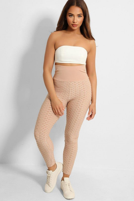 Legging push-up taille haute beige anti-cellulite effet minceur avec noeud au dos