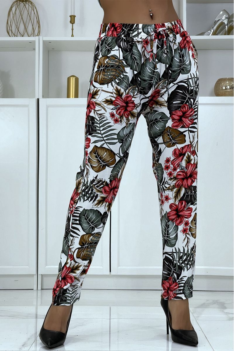 Pantalon fluide blanc à motif floral B-29