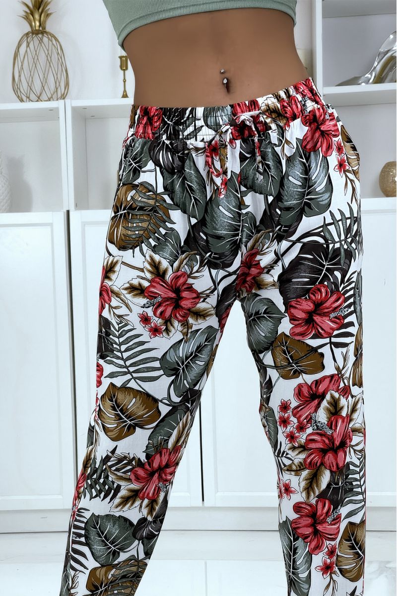 Pantalon fluide blanc à motif floral B-29