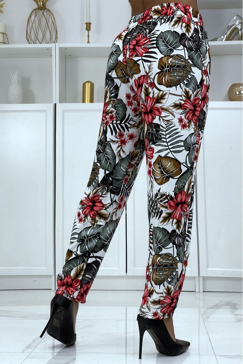 Pantalon fluide blanc à motif floral B-29